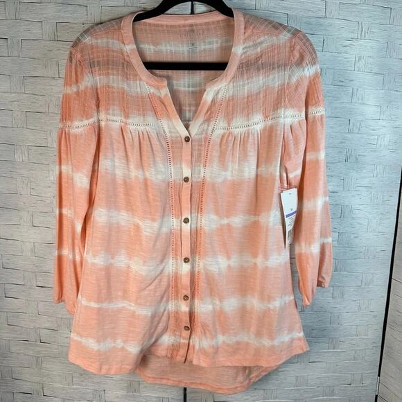 new directions Tops - New Directions Womens Blouse Peach white tie-dye balloon sleeve bohemian hippie